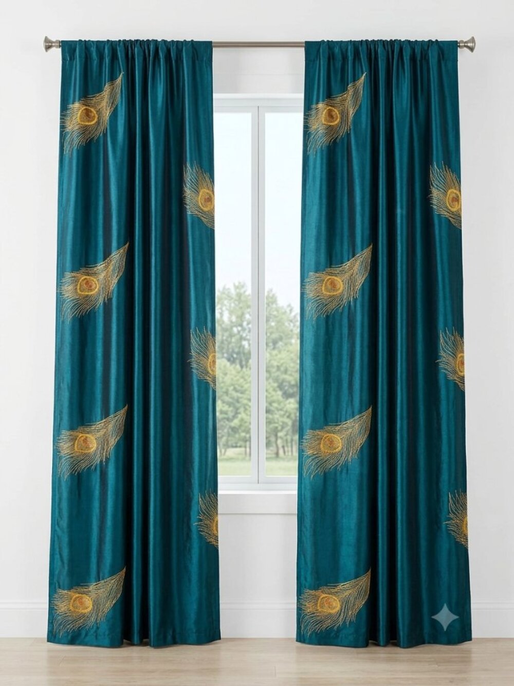 PIER 1 IMPORTS Peacock Curtains Feather Embroidered Satin 2 Panels 54x84